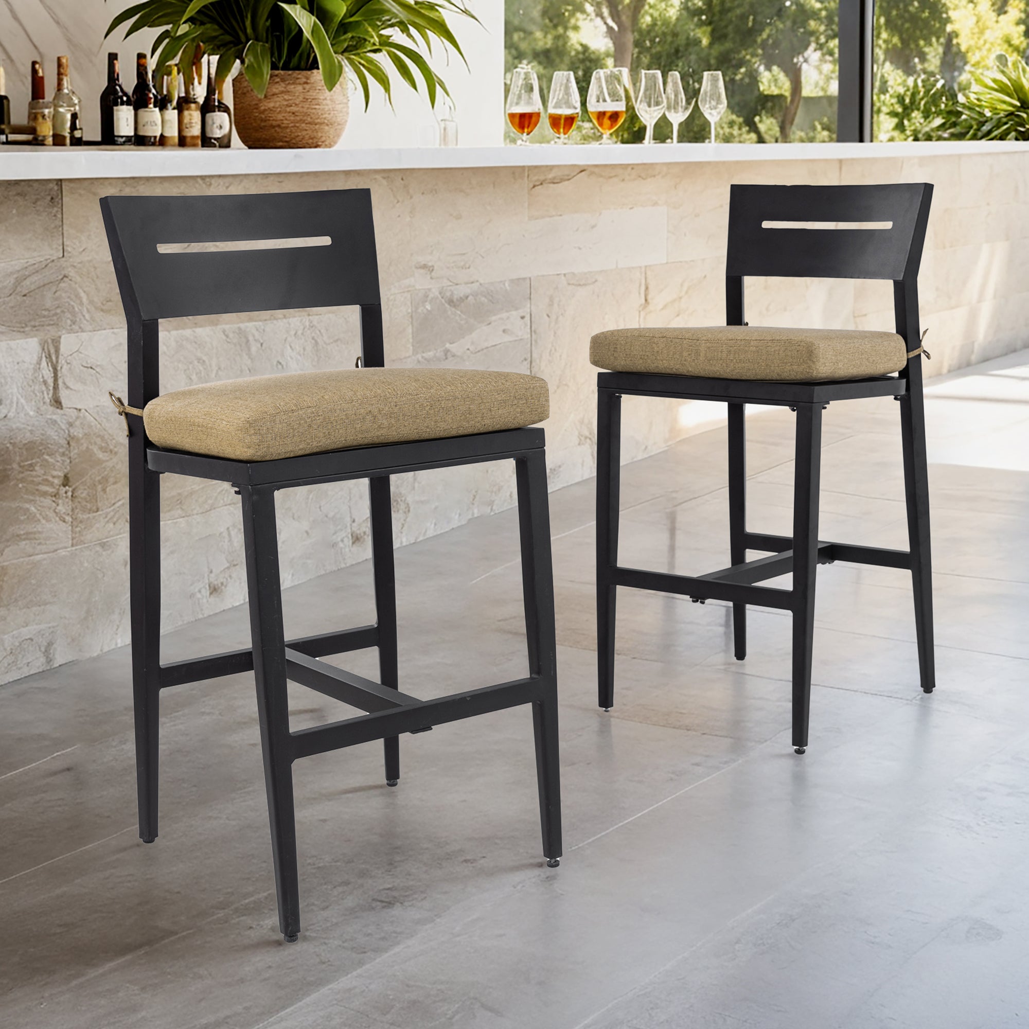 Outdoor Bar Stools | Aluminum Patio Bar Chair – Ergonomic Backrest, Tapered Legs, Footrest, Ember Black, Sunbrella Cushion, Weather-Resistant