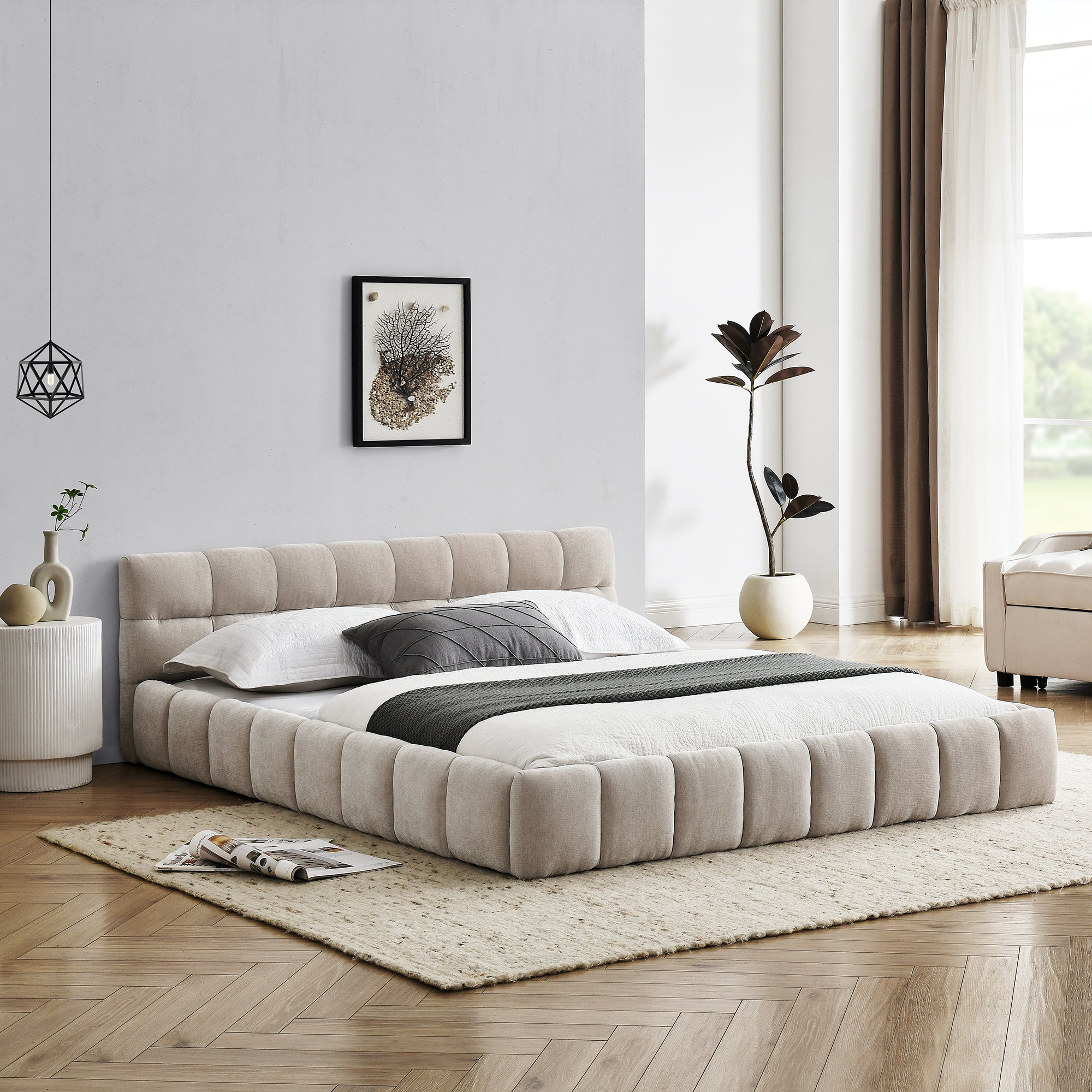 Queen Size Upholstered Bed Frame with Thick Fabric, Chenille Fabric Grounded Queen Size Platform Bed with Headboard and Solid Frame. No Box Spring Needed