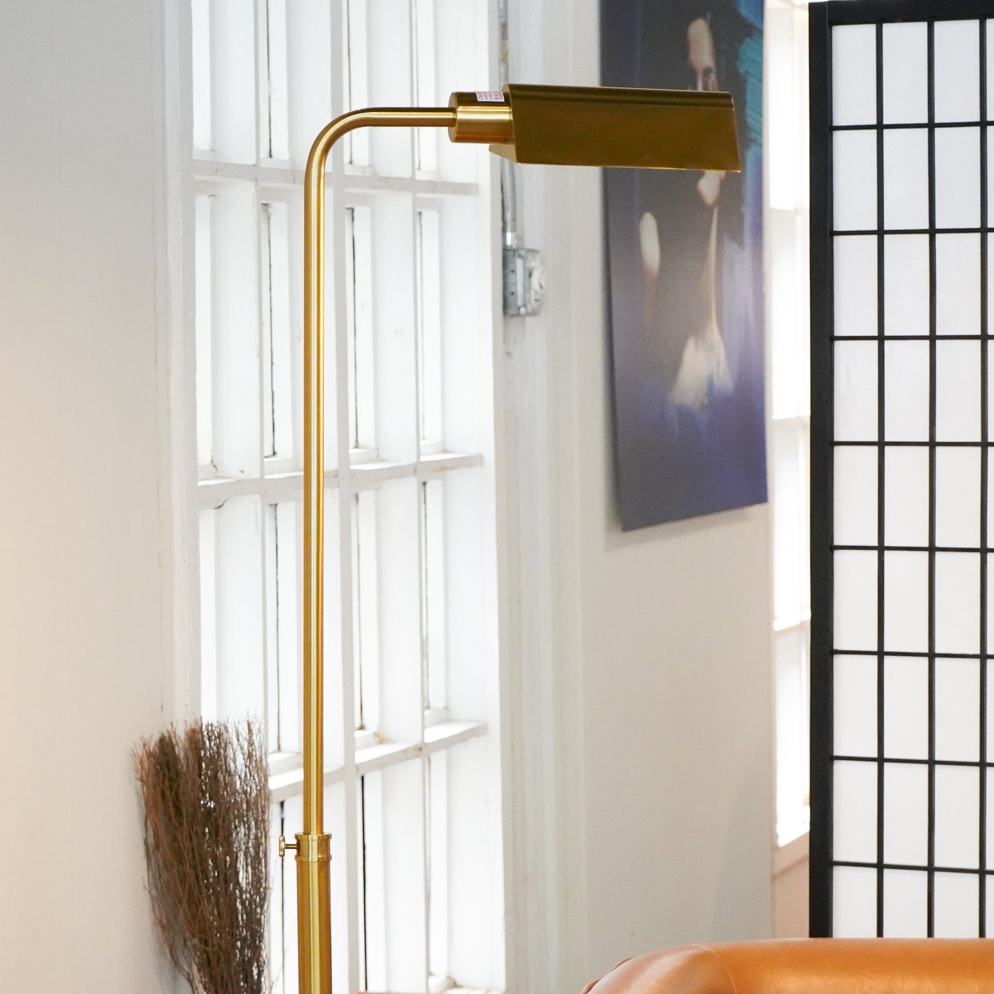 Slim Standing Light with Neutral Shade | 65" Tall Floor Lamp – Gold Outer / White Inner Shade, Foot Switch, Modern/Industrial