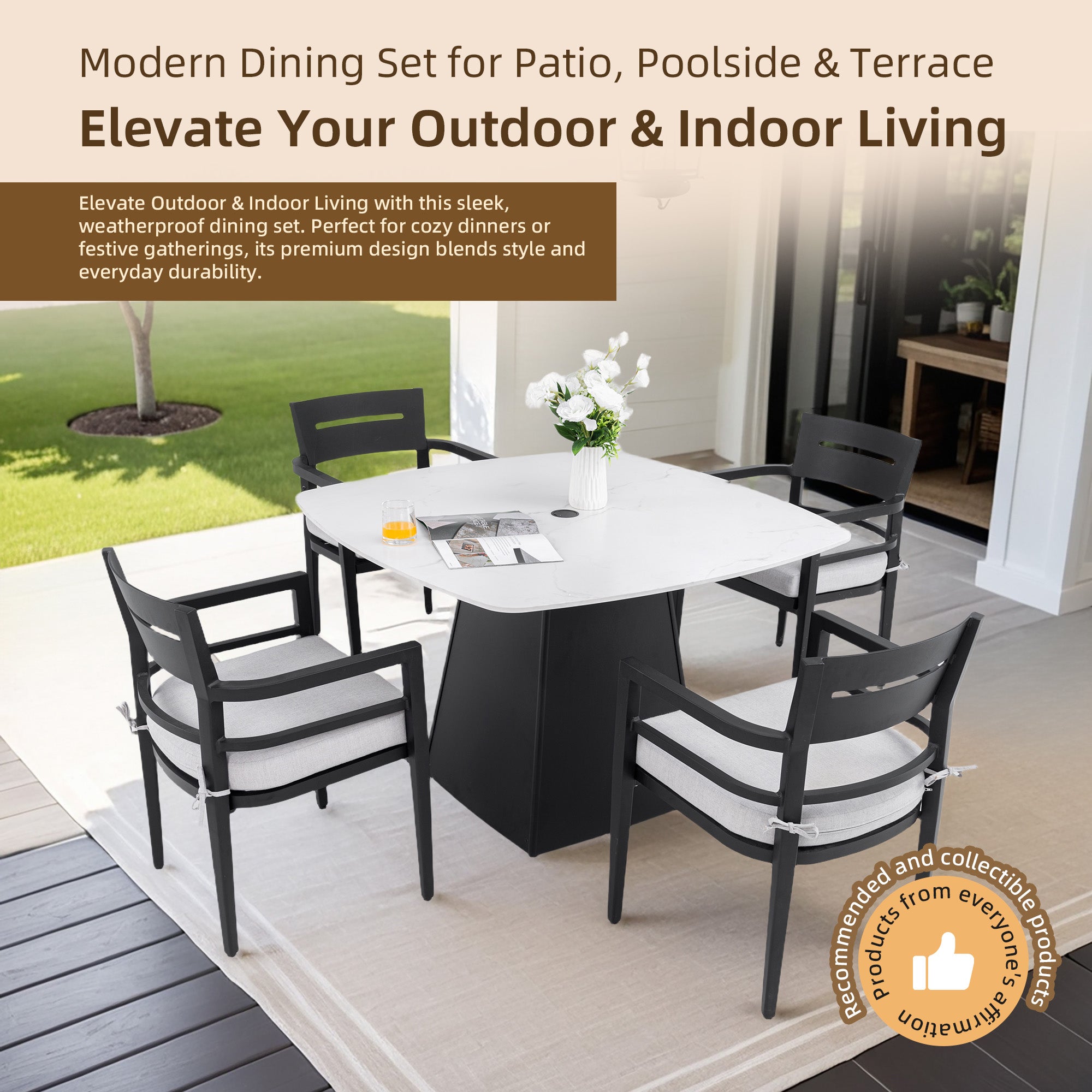 Outdoor Pedestal Dining Set | 44" Rounded Square Sintered Stone Table + 4 Armchairs – Sunbrella Cushions, Rust-Free Aluminum, Weather-Resistant