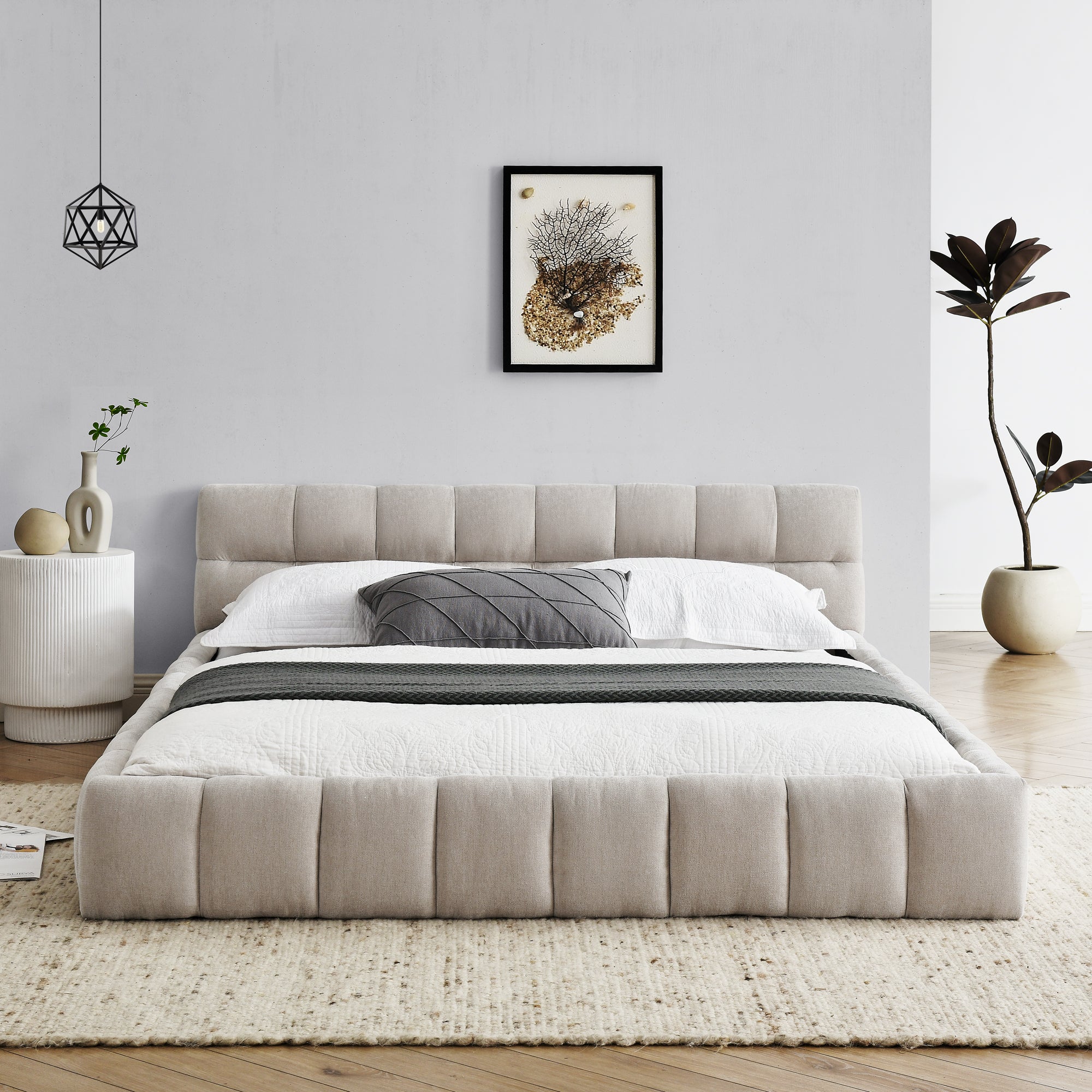 Queen Size Upholstered Bed Frame with Thick Fabric, Chenille Fabric Grounded Queen Size Platform Bed with Headboard and Solid Frame. No Box Spring Needed