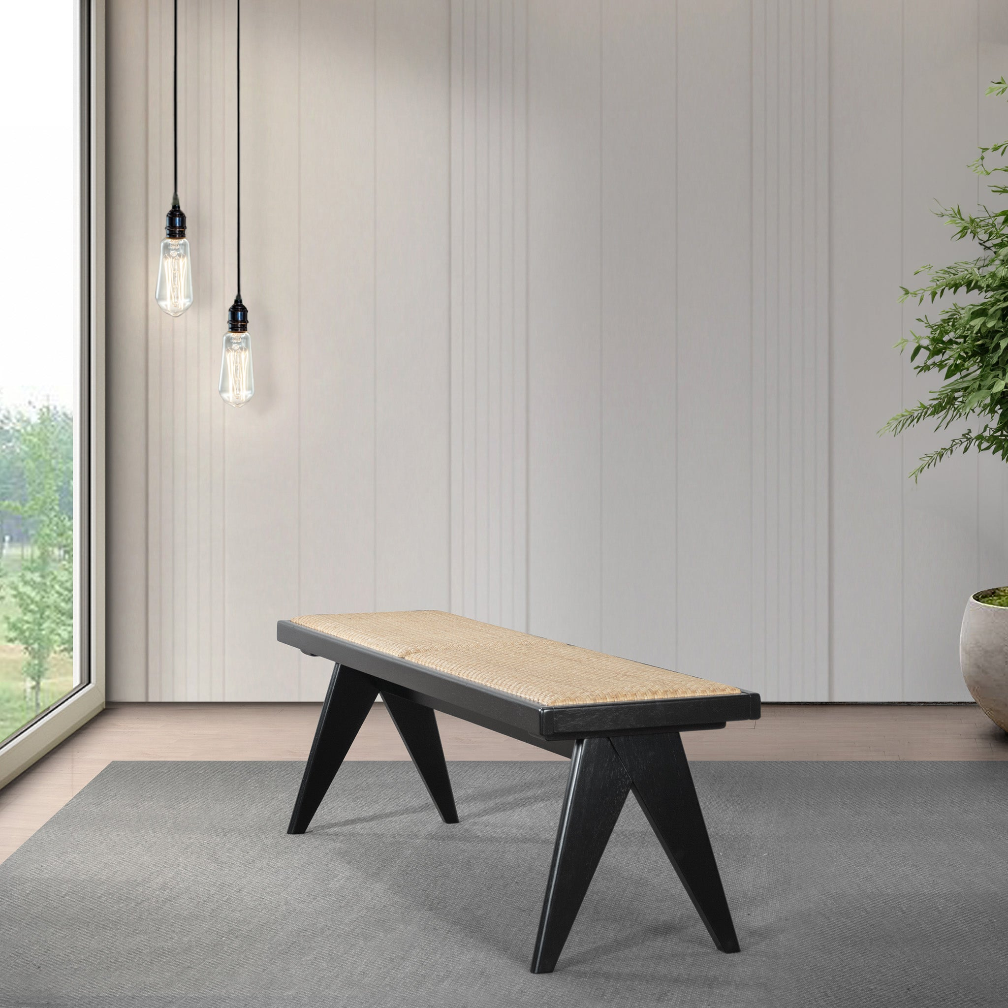 Natural Rattan Upholstered Bench | Black Solid Wood Legs – Mid-Century Modern Entryway/Bedroom/Living Room Bench