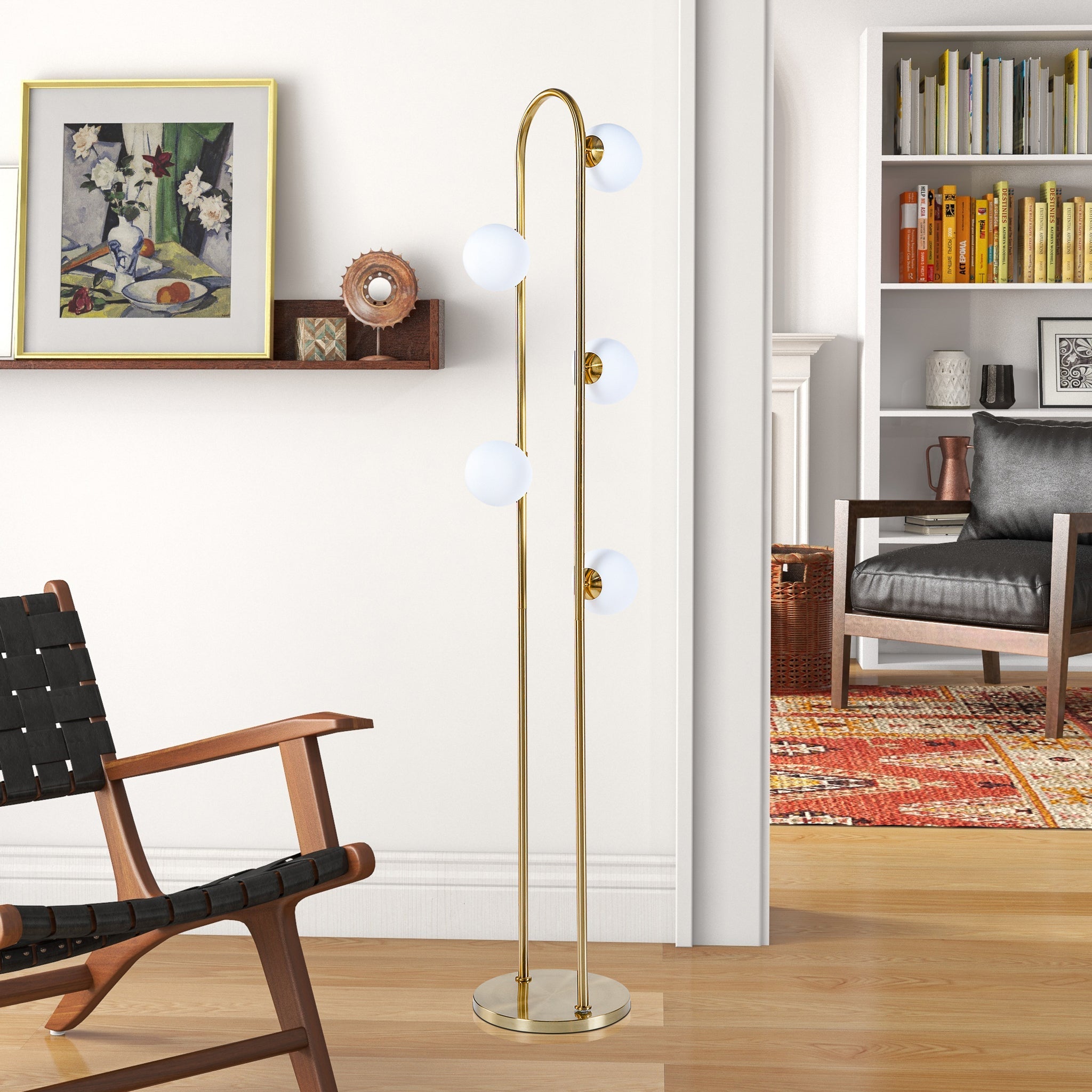 Modern Floor Lamp for Living Room | 66" Tall LED Lamp – Gold Metal, 5-Light G9 Bulb, Foot Switch, Industrial/Corner Design