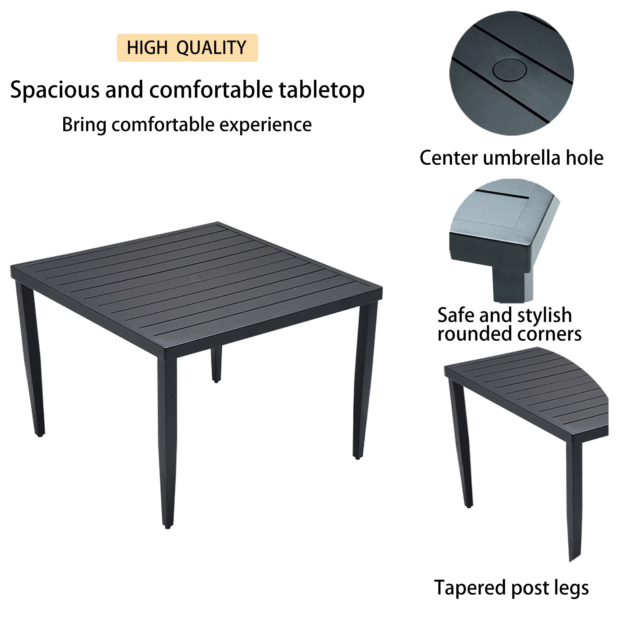Outdoor Patio Aluminum Dining Set | 5-Piece – 40" Square Table w/ Umbrella Hole + 4 Chairs, Sunbrella Cushions, Modern Tapered Legs