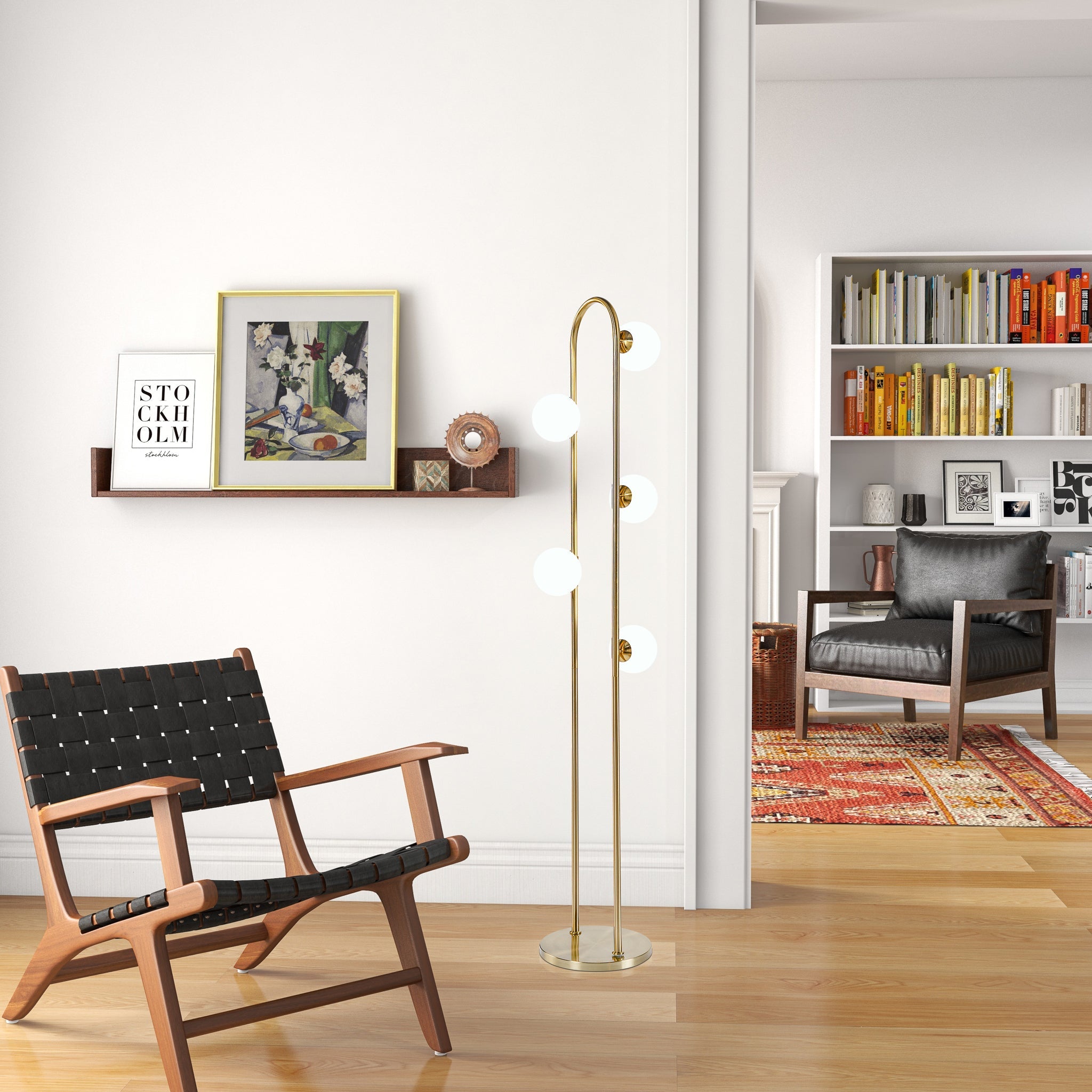 Modern Floor Lamp for Living Room | 66" Tall LED Lamp – Gold Metal, 5-Light G9 Bulb, Foot Switch, Industrial/Corner Design
