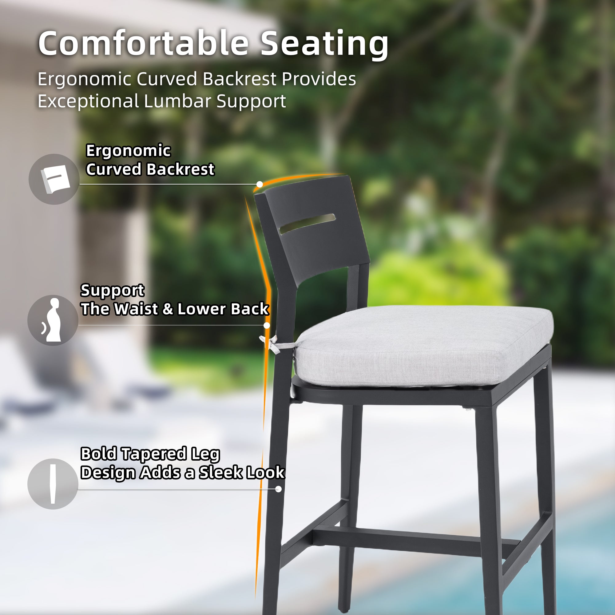 Outdoor Bar Stools | Aluminum Patio Bar Chair – Ergonomic Backrest, Tapered Legs, Footrest, Ember Black, Sunbrella Cushion, Weather-Resistant