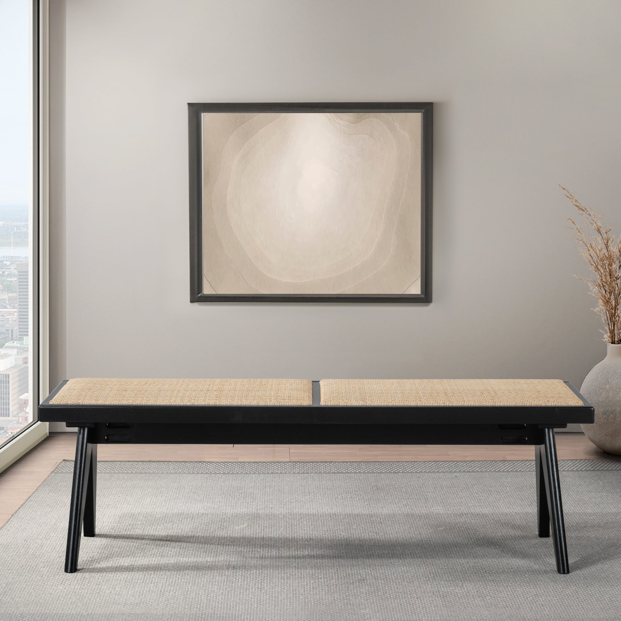 Natural Rattan Upholstered Bench | Black Solid Wood Legs – Mid-Century Modern Entryway/Bedroom/Living Room Bench