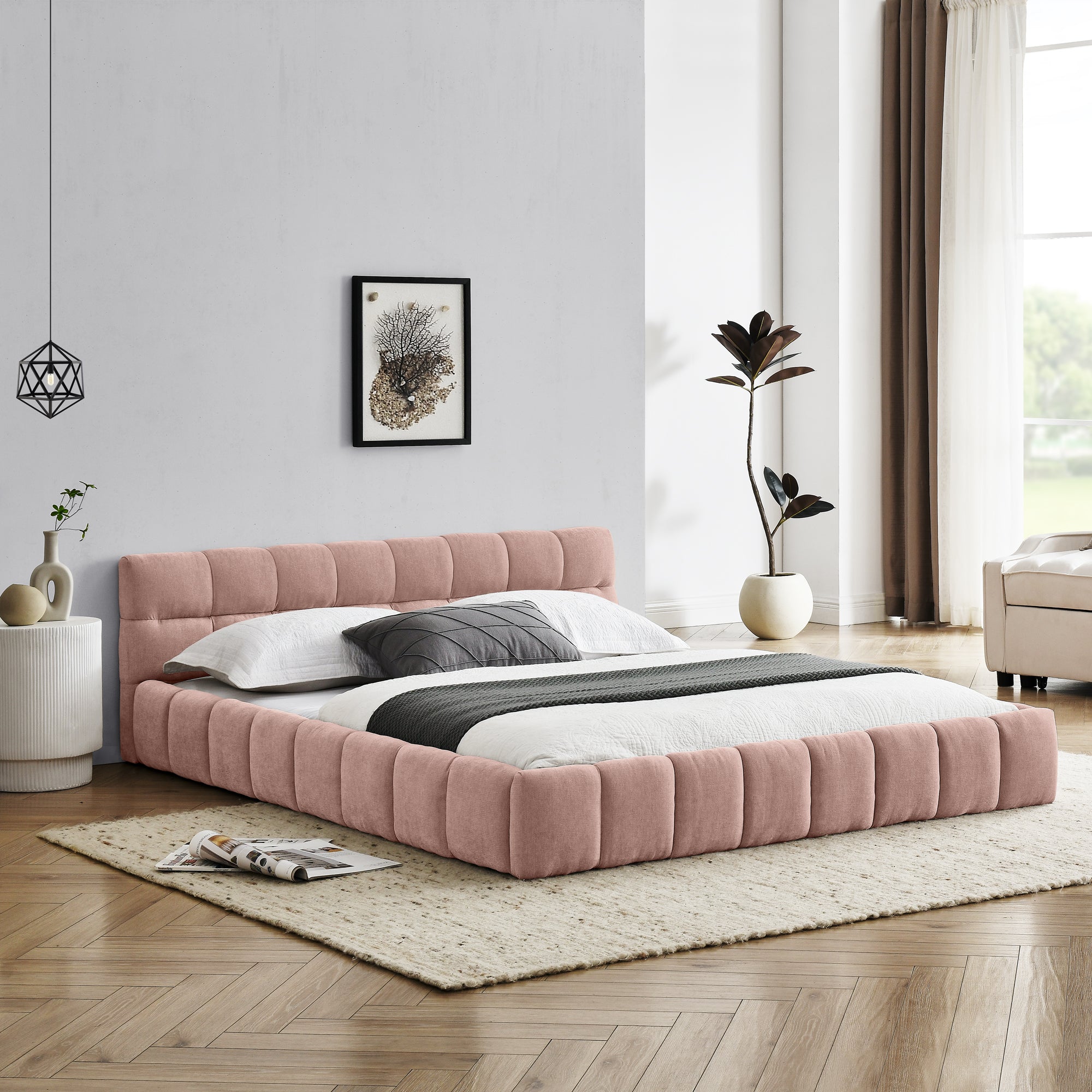 Queen Size Upholstered Bed Frame with Thick Fabric, Chenille Fabric Grounded Queen Size Platform Bed with Headboard and Solid Frame. No Box Spring Needed