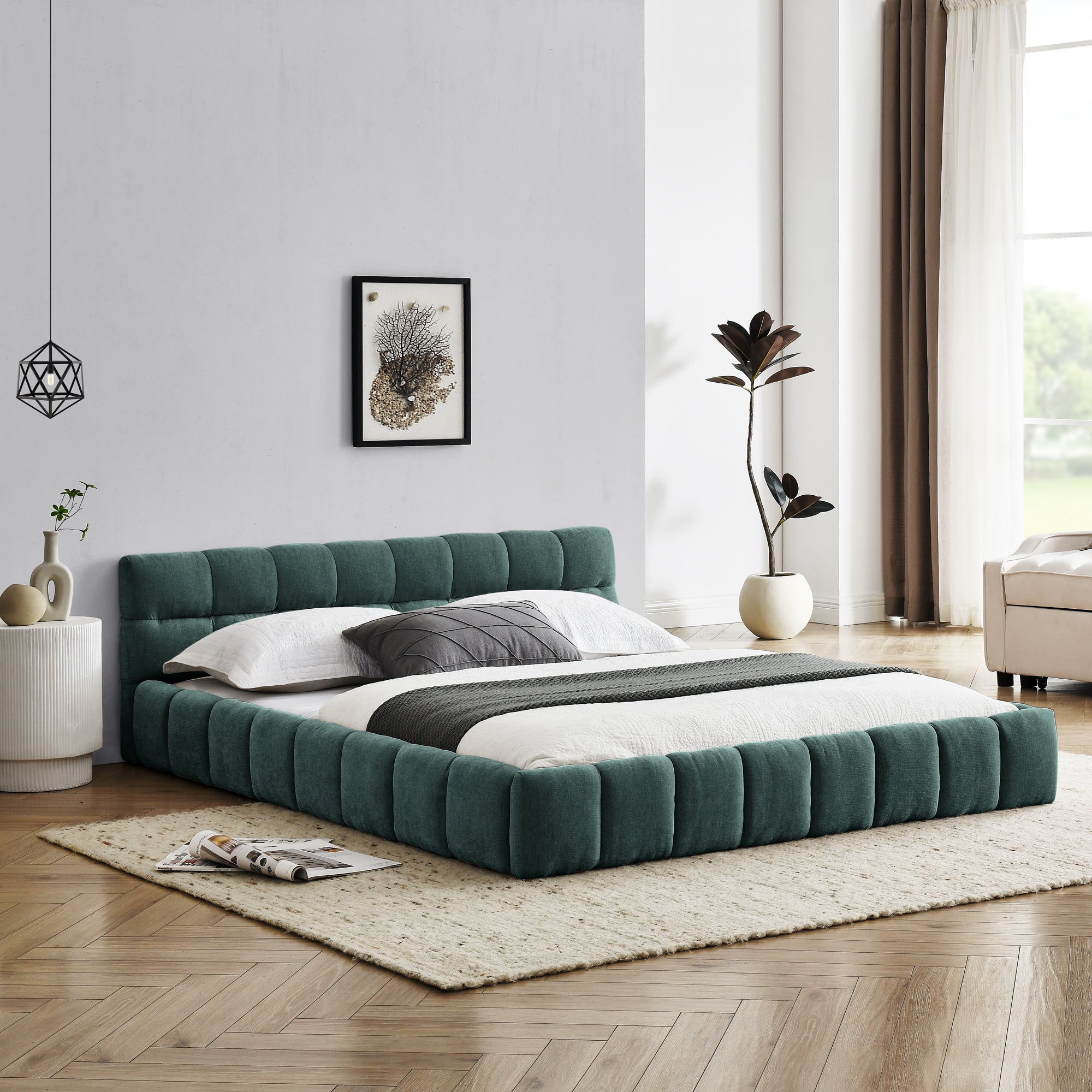 Queen Size Upholstered Bed Frame with Thick Fabric, Chenille Fabric Grounded Queen Size Platform Bed with Headboard and Solid Frame. No Box Spring Needed