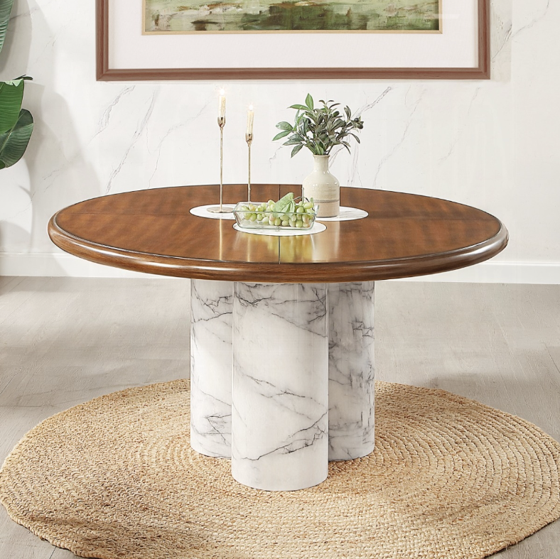 Engineered Stone & Brown Round Dining Table