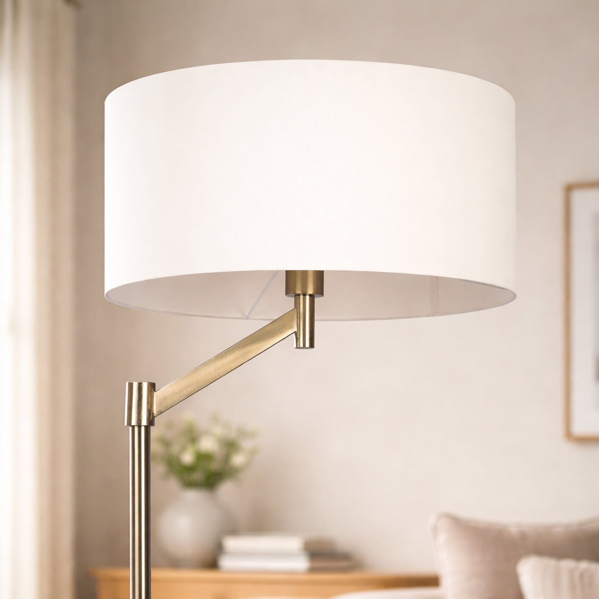 Brushed Nickel Table Lamp with On/Off Switch | Curved Metal Base, Linen Shade – 19" Tall for Bedroom, Living Room, Office