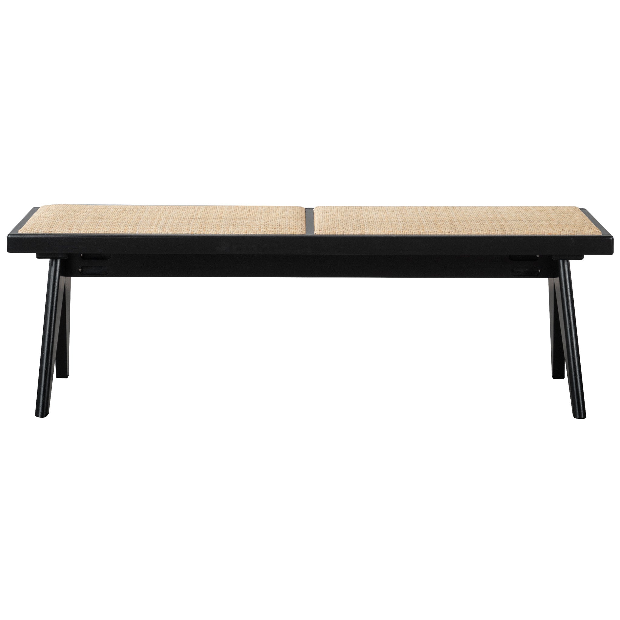 Natural Rattan Upholstered Bench | Black Solid Wood Legs – Mid-Century Modern Entryway/Bedroom/Living Room Bench