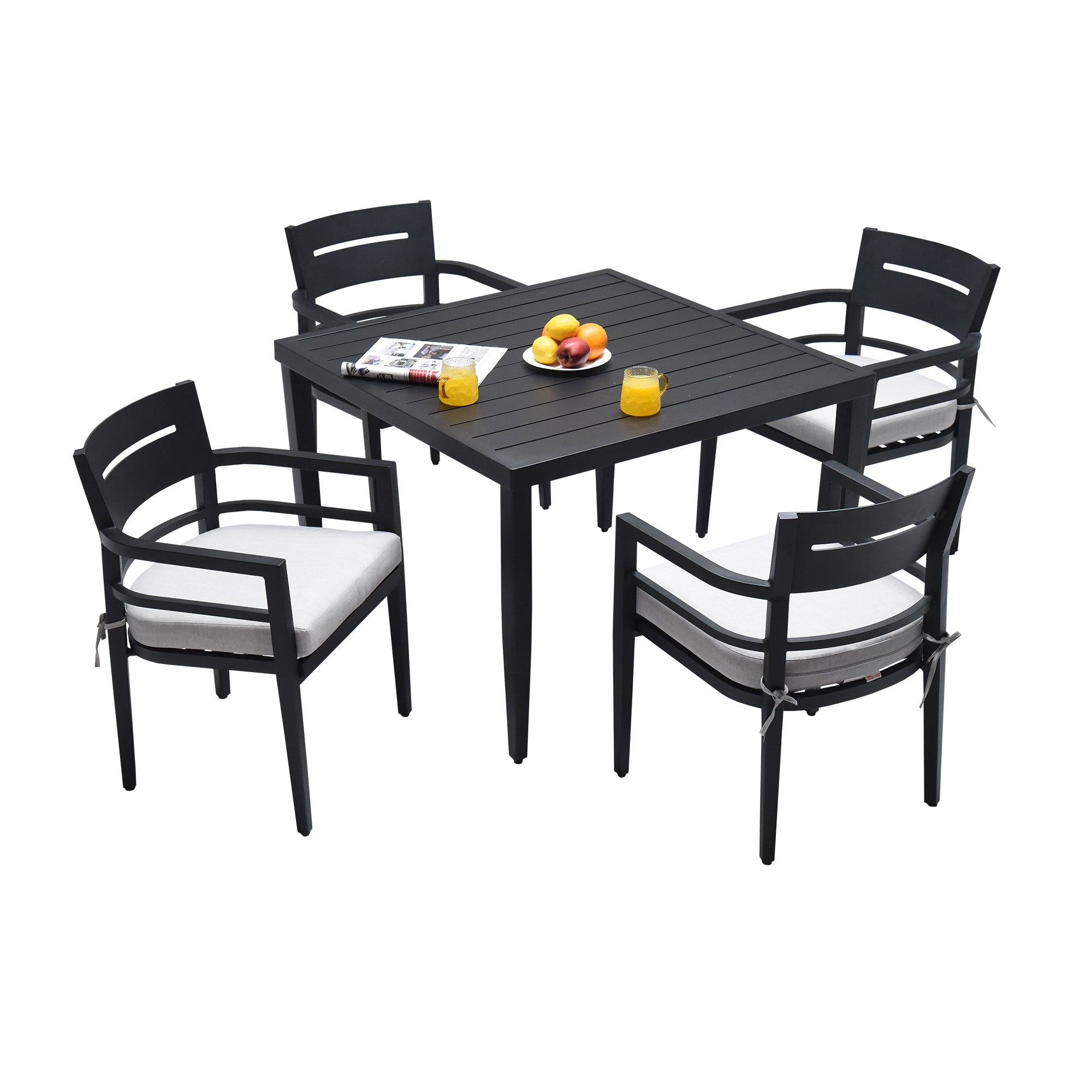 Outdoor Patio Aluminum Dining Set | 5-Piece – 40" Square Table w/ Umbrella Hole + 4 Chairs, Sunbrella Cushions, Modern Tapered Legs