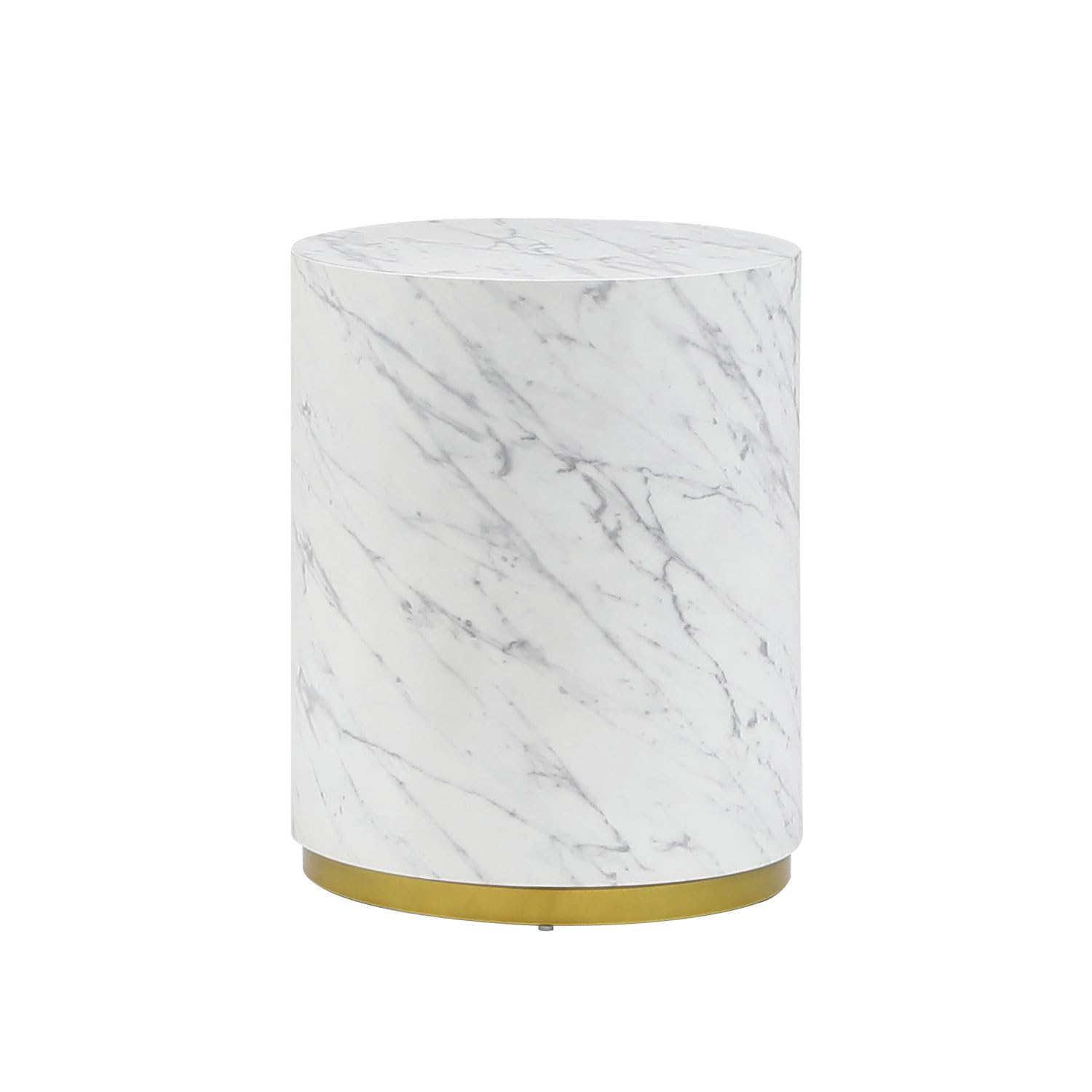 Wood End Table with Gold Rim Bottom & Marble Texture(White Marble Ø15.75*19.69)