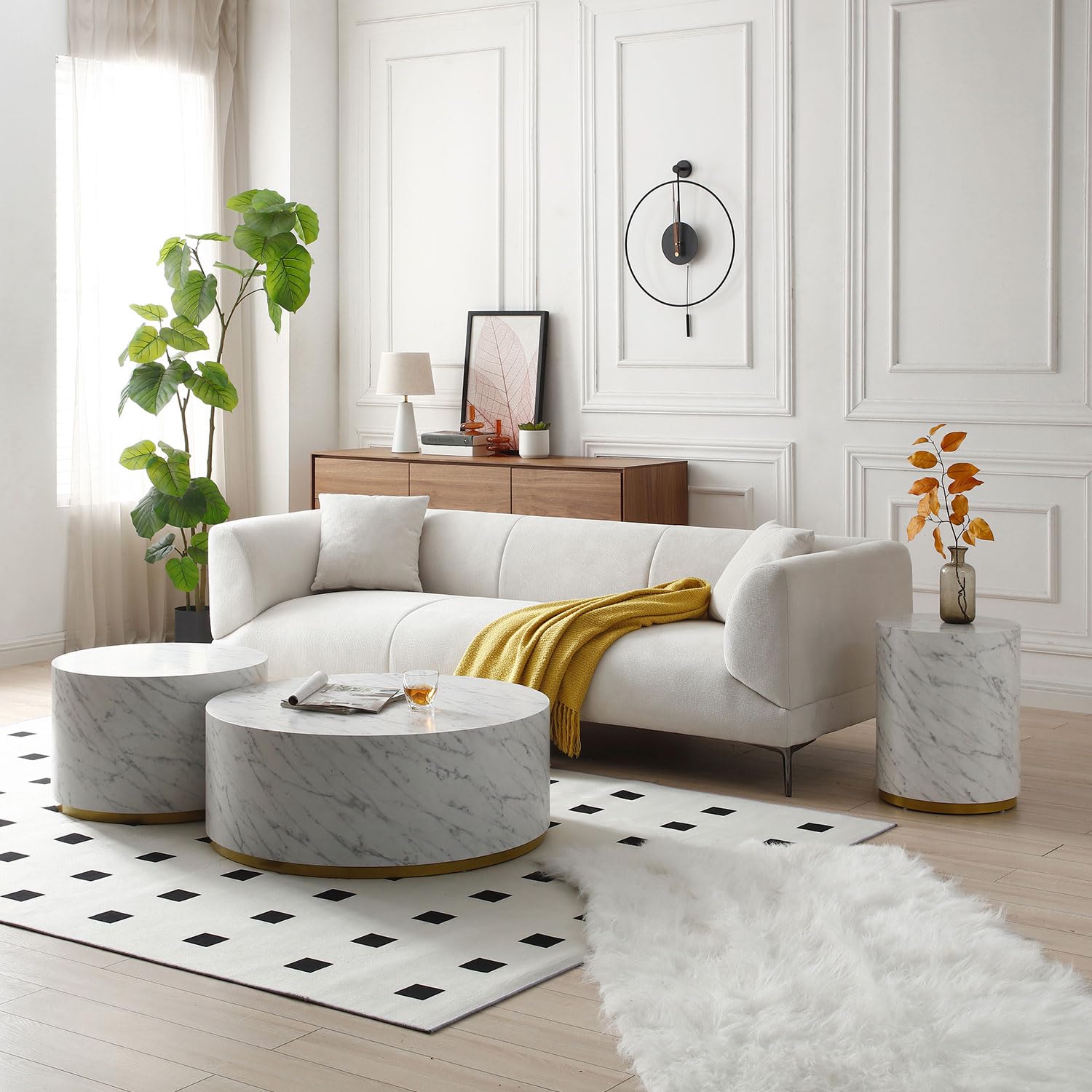 Wood End Table with Gold Rim Bottom & Marble Texture(White Marble Ø15.75*19.69)