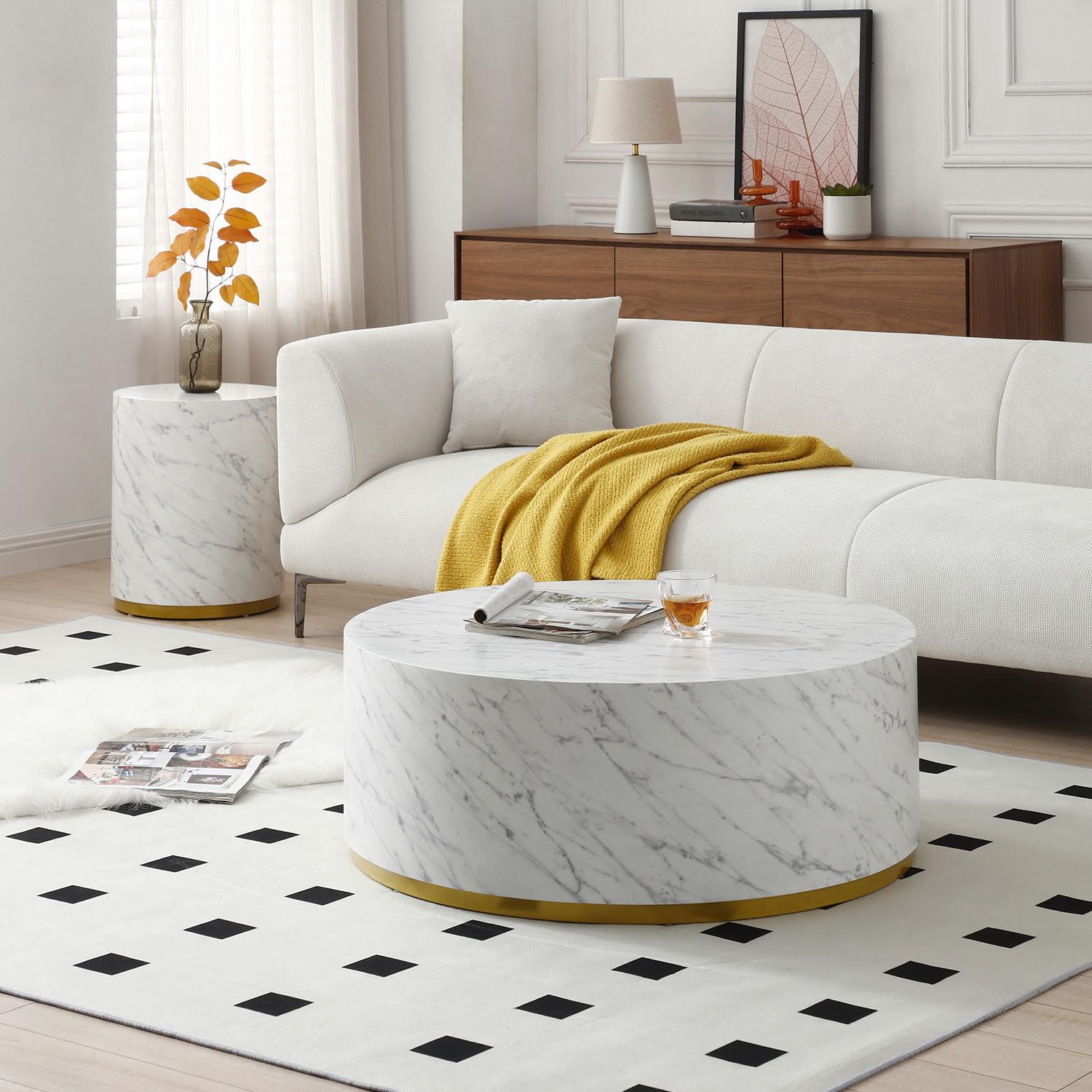 Round White Coffee Table with Gold Rim Bottom & Marble Texture(White Marble Ø35.43*13.78)