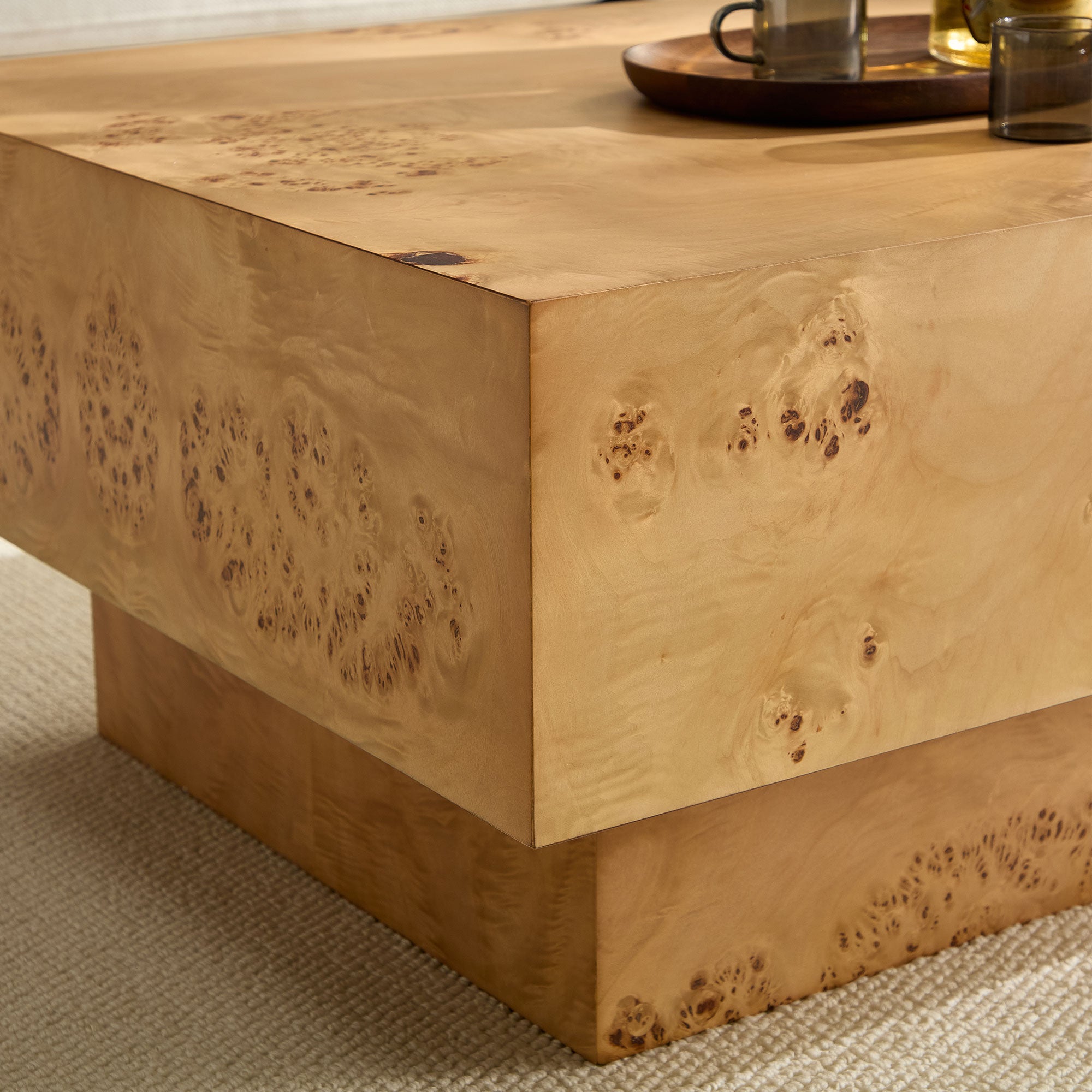 43.31 - Inch Rectangle Coffee Table in Mid - Century Style with Burl Wood Veneer