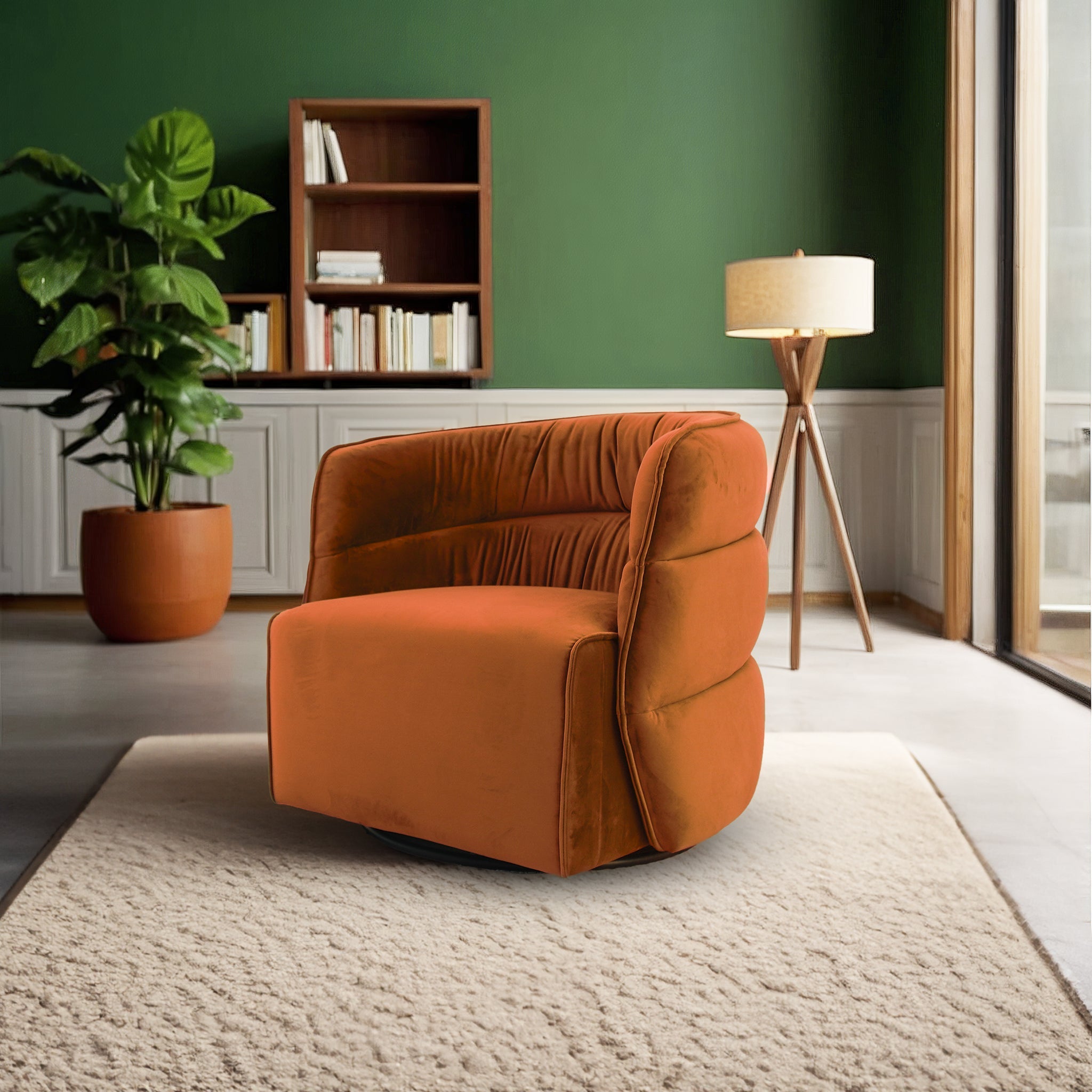 Walden Swivel Chair | Mid-Century Modern Velvet Accent Chair – Cream/Green/Burnt Orange, 360° Swivel, Fully Assembled