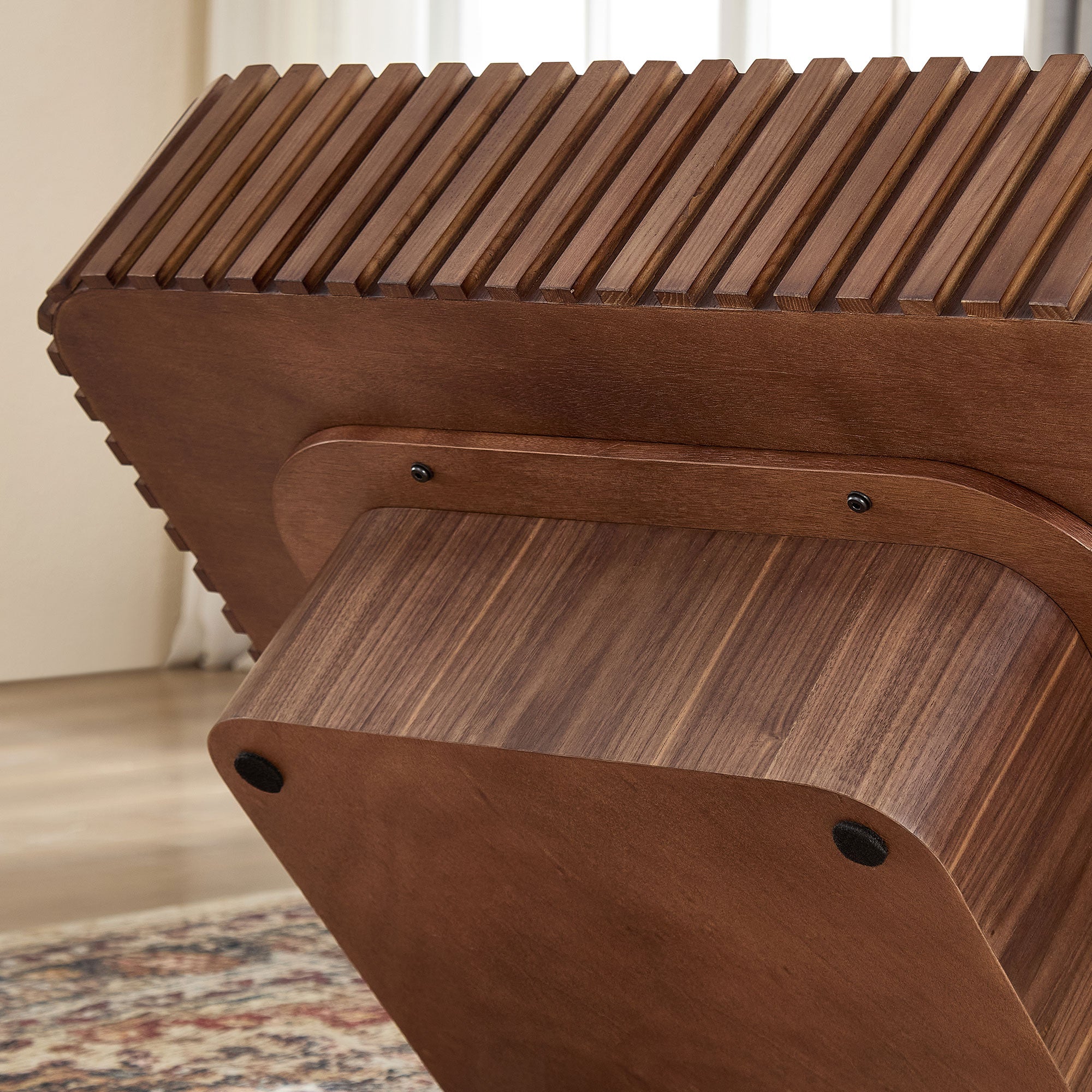 Modern Handcraft Drum Coffee Table | 35.43" Square Coffee Table – Wood Veneer, Pedestal Base, Solid Wood Relief Edge for Living Room