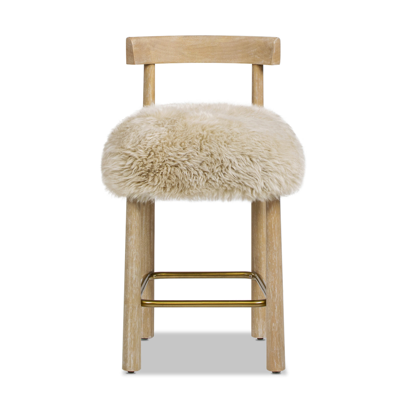 Genuine Fur Counter Height Bar Stool | Solid Wood Frame, Brass Footrest – New Zealand Sheepskin, Natural Light-Toned Finish