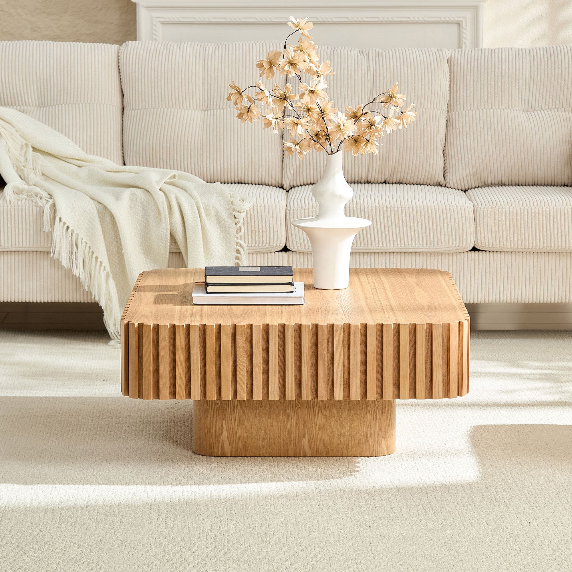 Modern Handcraft Drum Coffee Table | 35.43" Square Coffee Table – Wood Veneer, Pedestal Base, Solid Wood Relief Edge for Living Room