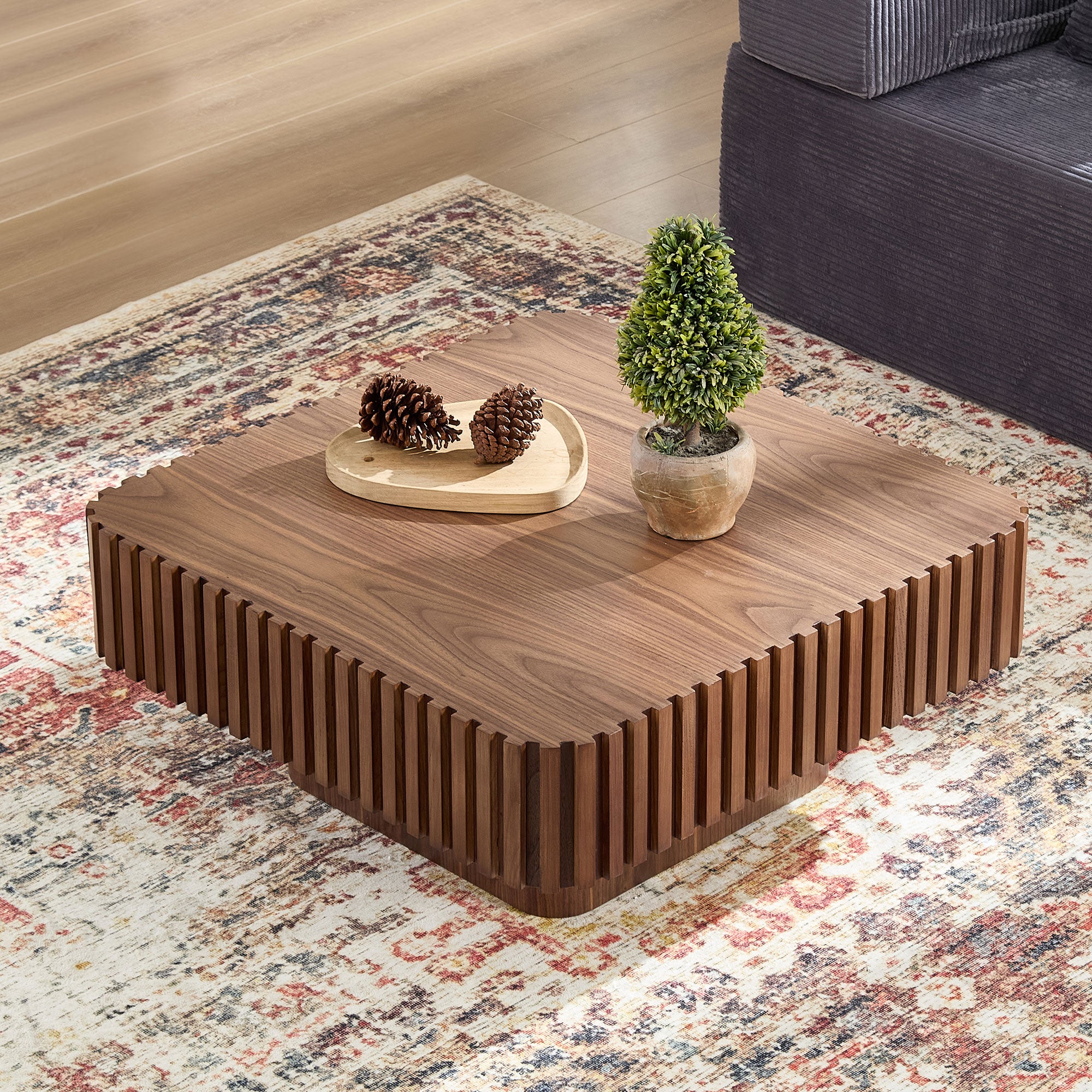 Modern Handcraft Drum Coffee Table | 35.43" Square Coffee Table – Wood Veneer, Pedestal Base, Solid Wood Relief Edge for Living Room