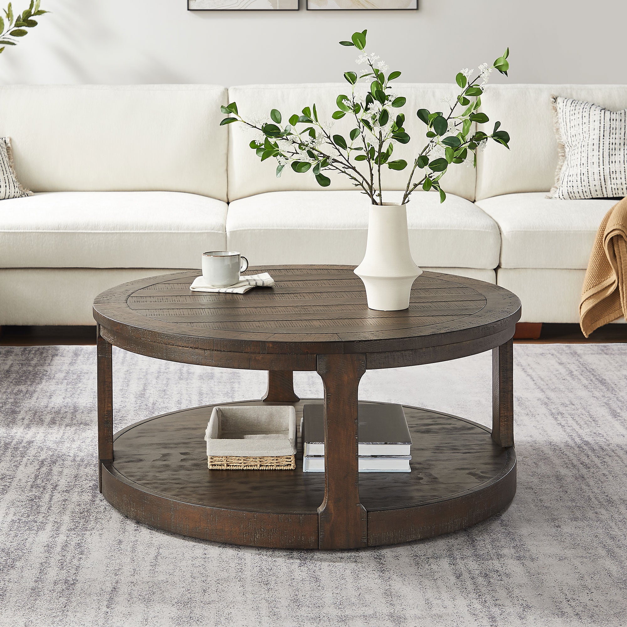 40 - inch 2 - Tier Traditional Round Wooden Coffee Table with Wheels