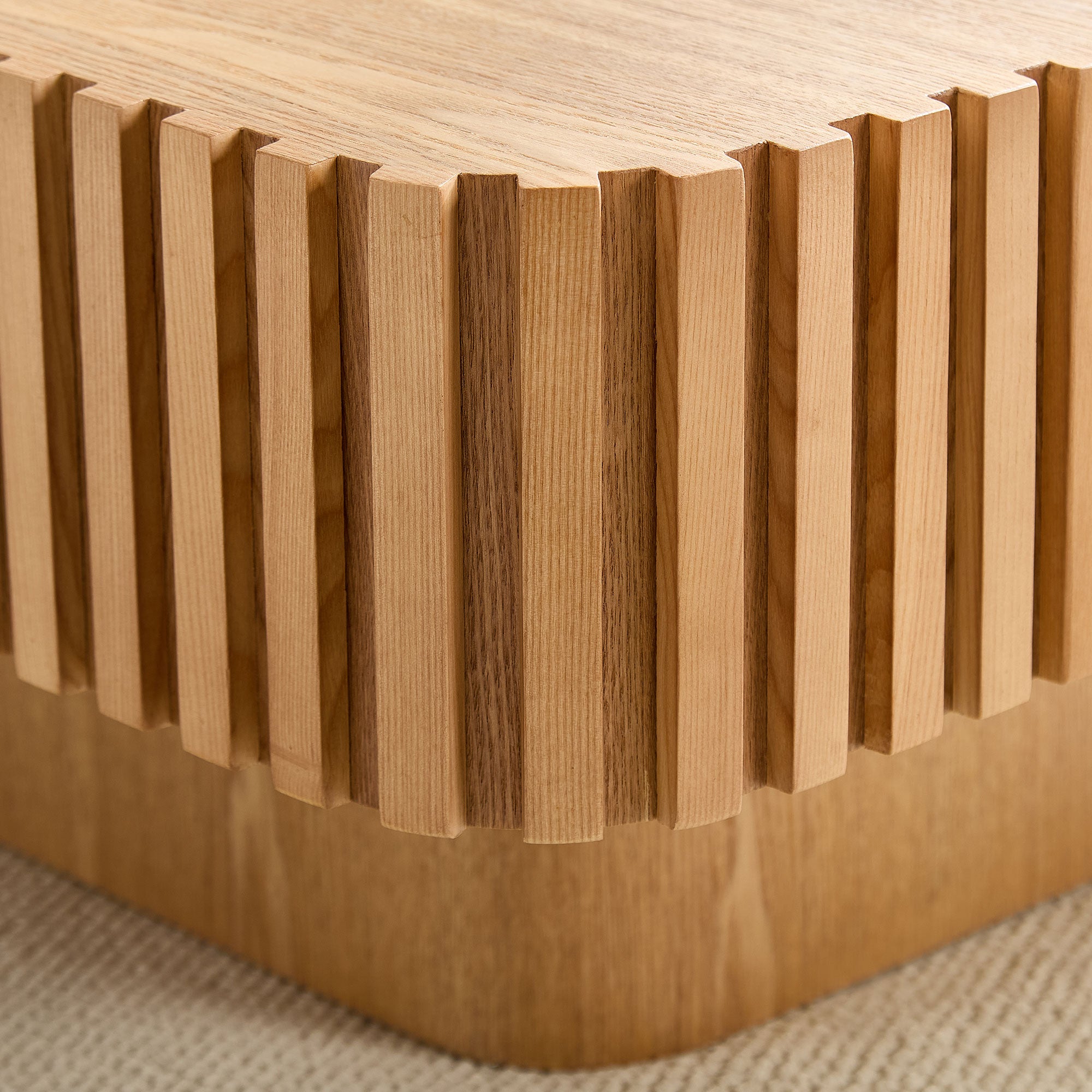 Modern Handcraft Drum Coffee Table | 35.43" Square Coffee Table – Wood Veneer, Pedestal Base, Solid Wood Relief Edge for Living Room