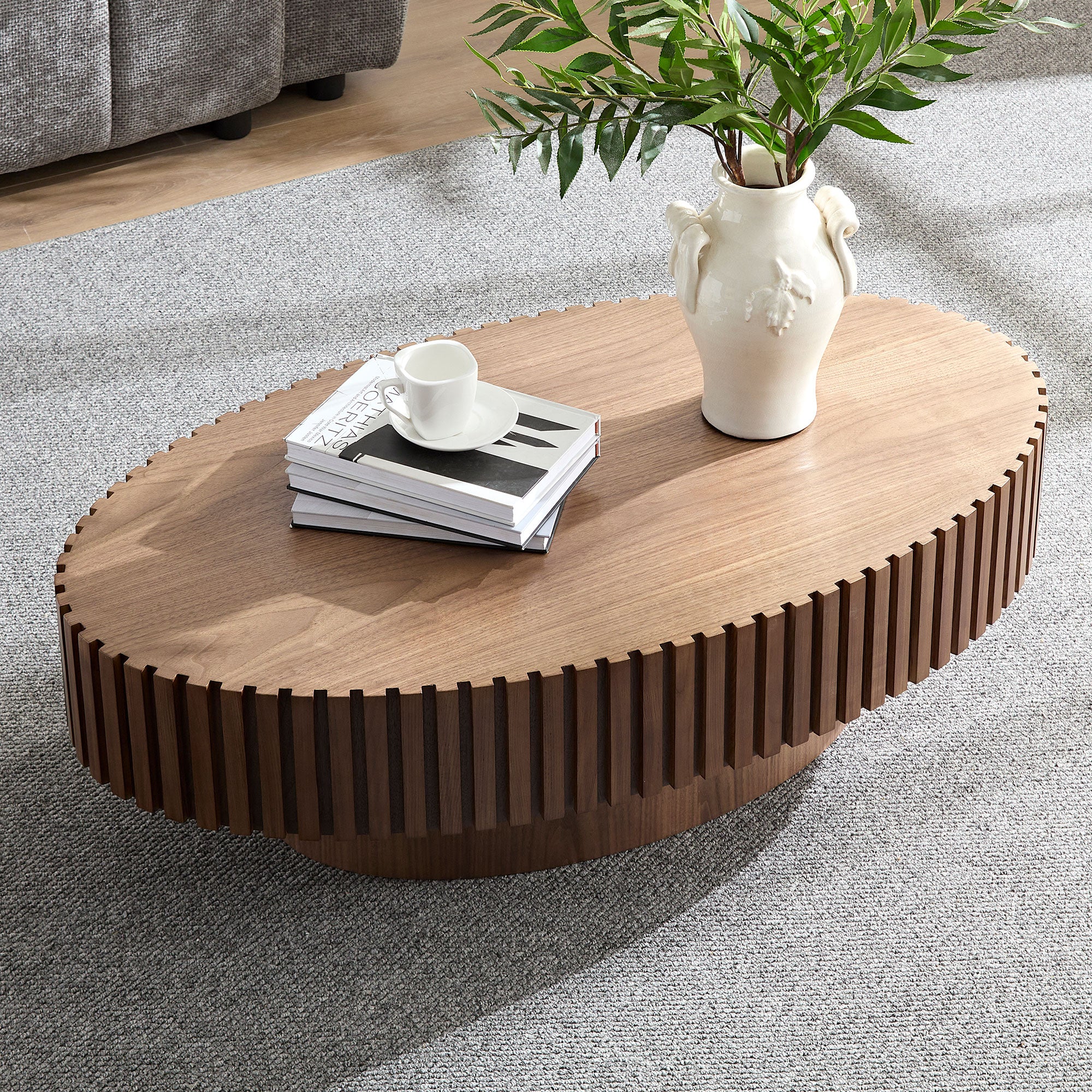 Modern Handcraft Drum Coffee Table | 43.7" Ellipse Coffee Table – Pedestal Base, Solid Wood Relief, Matt Black/Walnut/Natural Ash