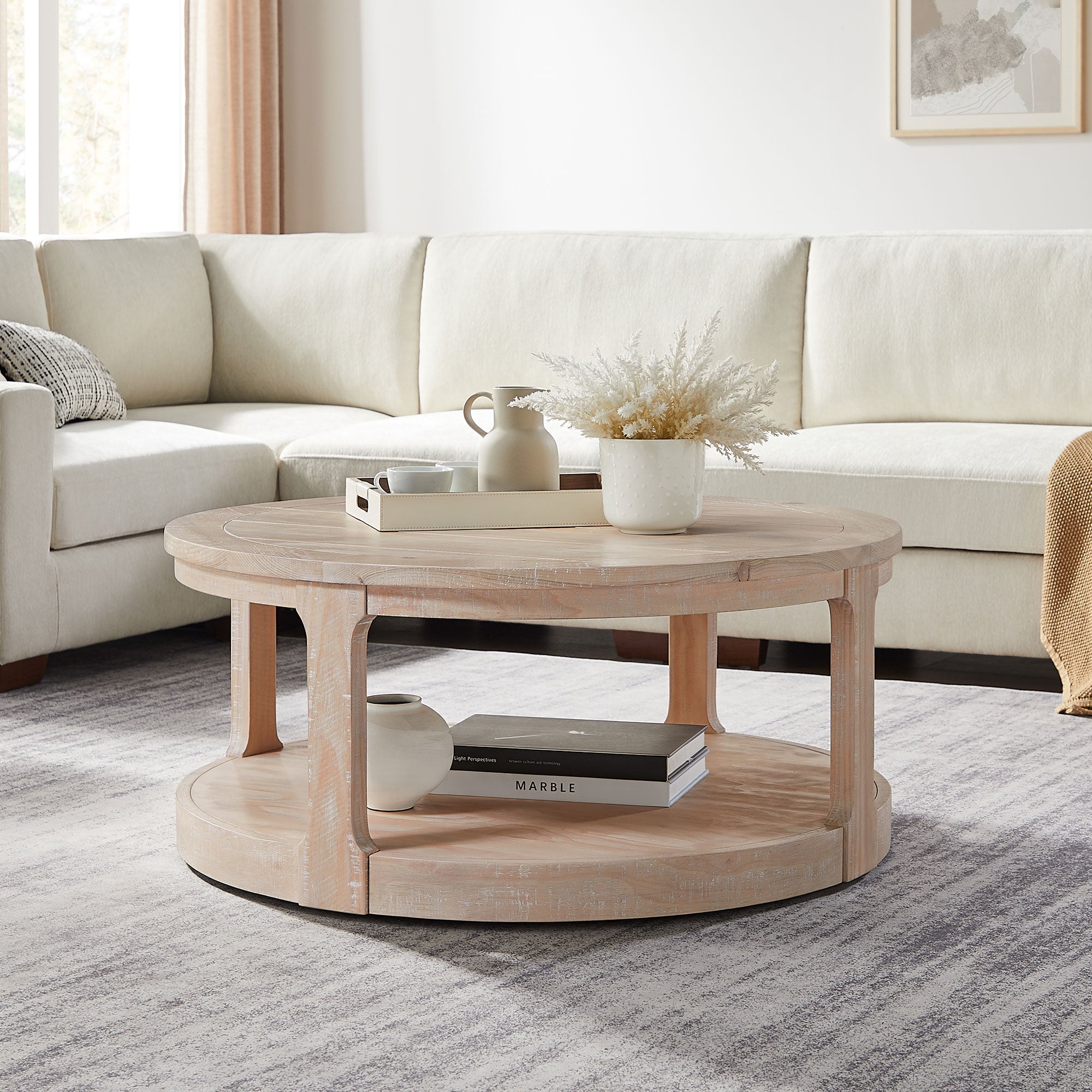 40 - inch 2 - Tier Traditional Round Wooden Coffee Table with Wheels