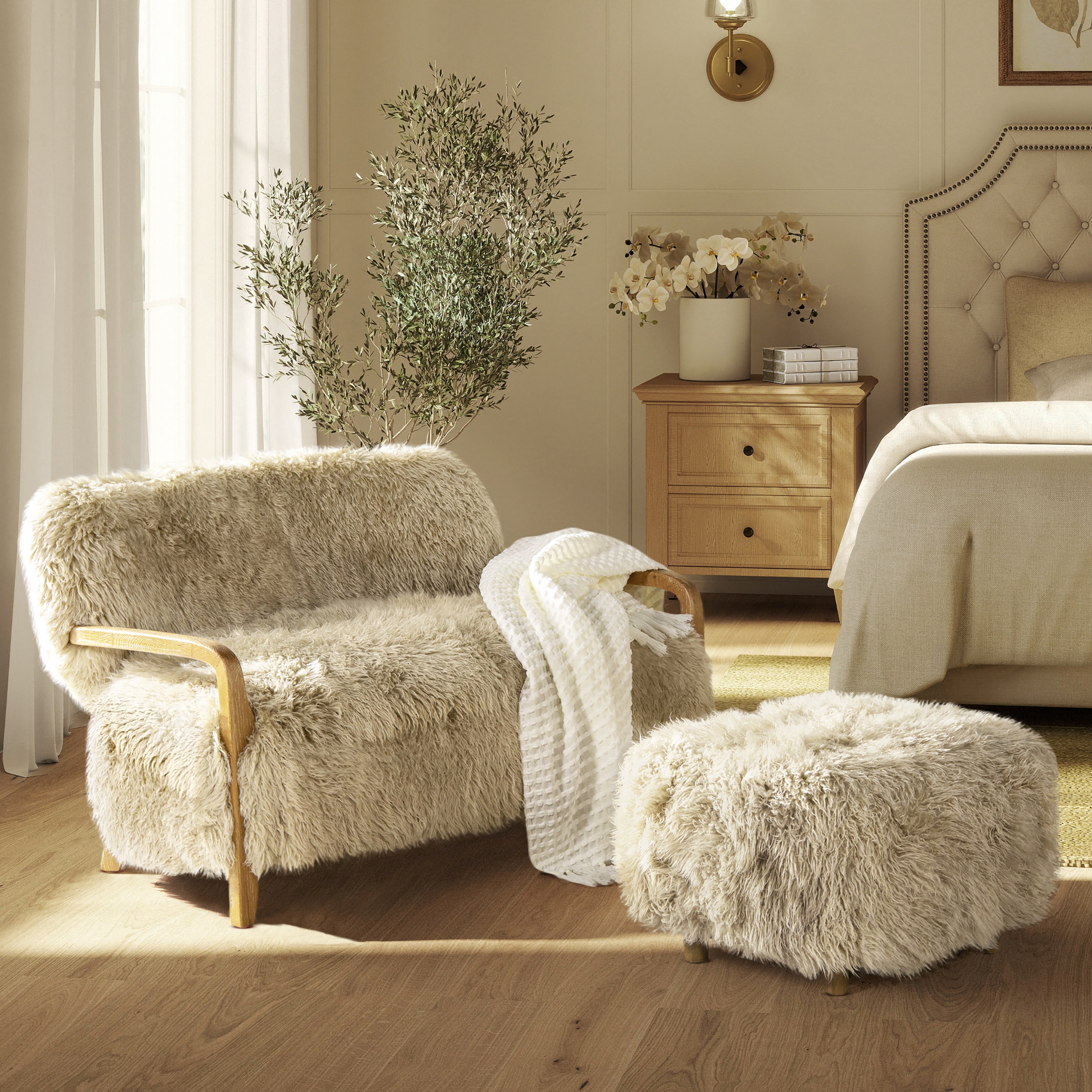 Genuine Sheepskin Fur Split Back Natural Blonde Collection – Dining Chair, Bar Stool, Accent Arm Chair, Loveseat &amp; Ottoman