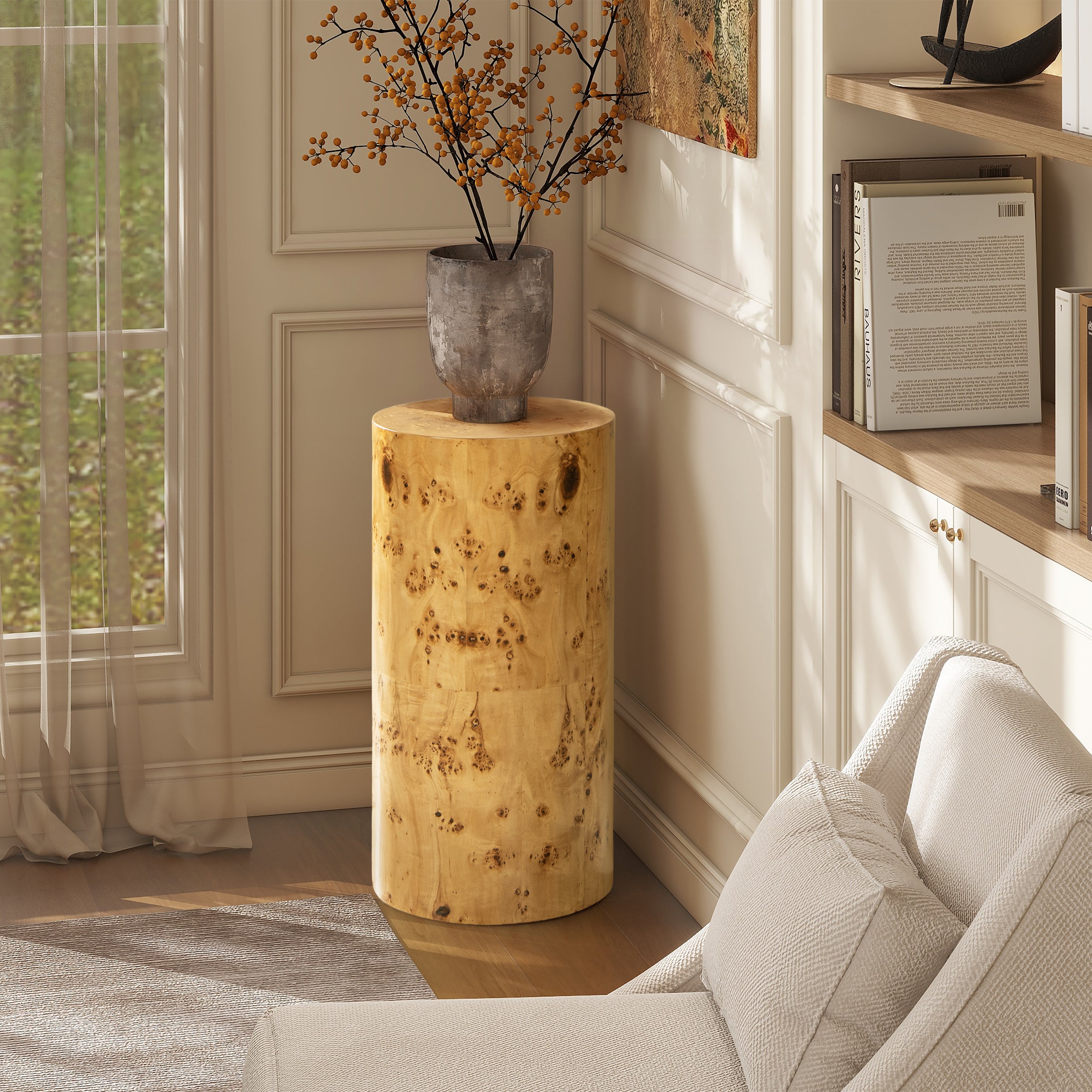 Burl Accent Pillar Side Table | 29.5" Column / Plinth – Unique Burl Wood Veneer, Natural Grain Variations
