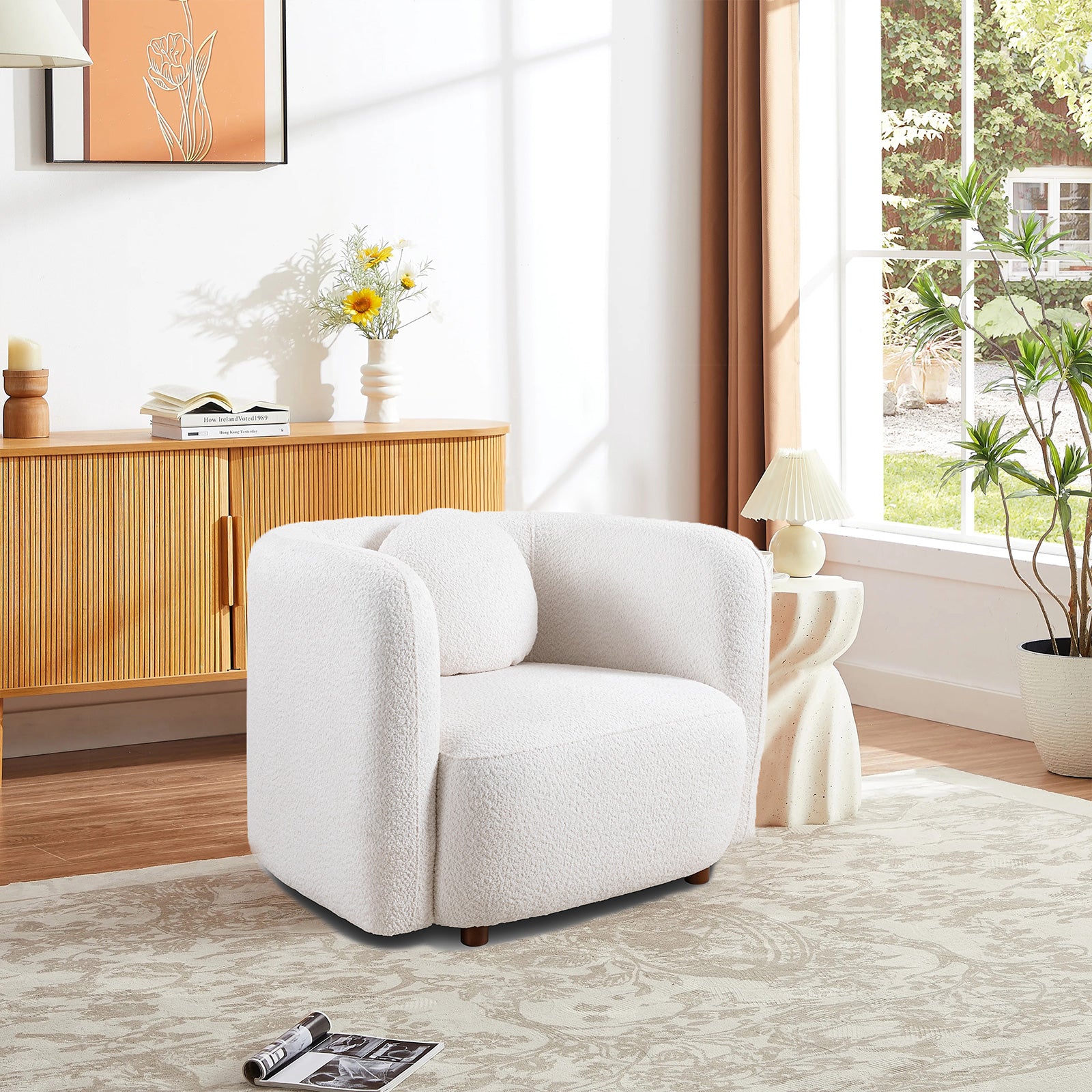 Living Room Armchair: Boucle Upholstered Single Cloud Couch in Japandi Style