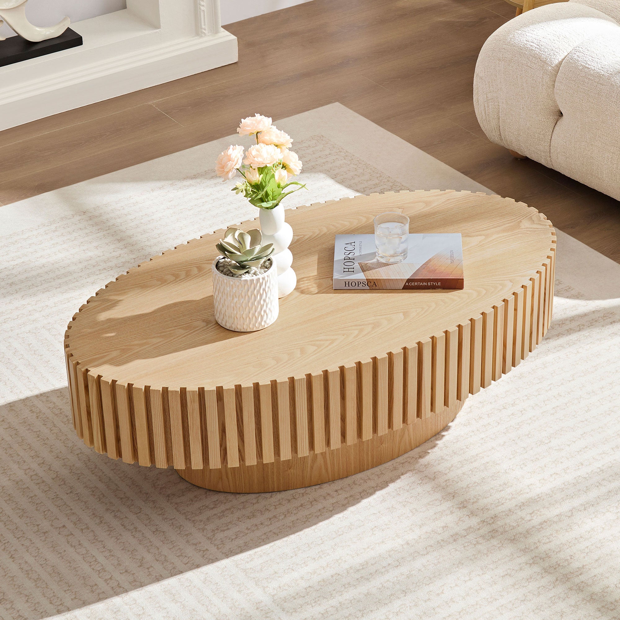 Modern Handcraft Drum Coffee Table | 43.7" Ellipse Coffee Table – Pedestal Base, Solid Wood Relief, Matt Black/Walnut/Natural Ash