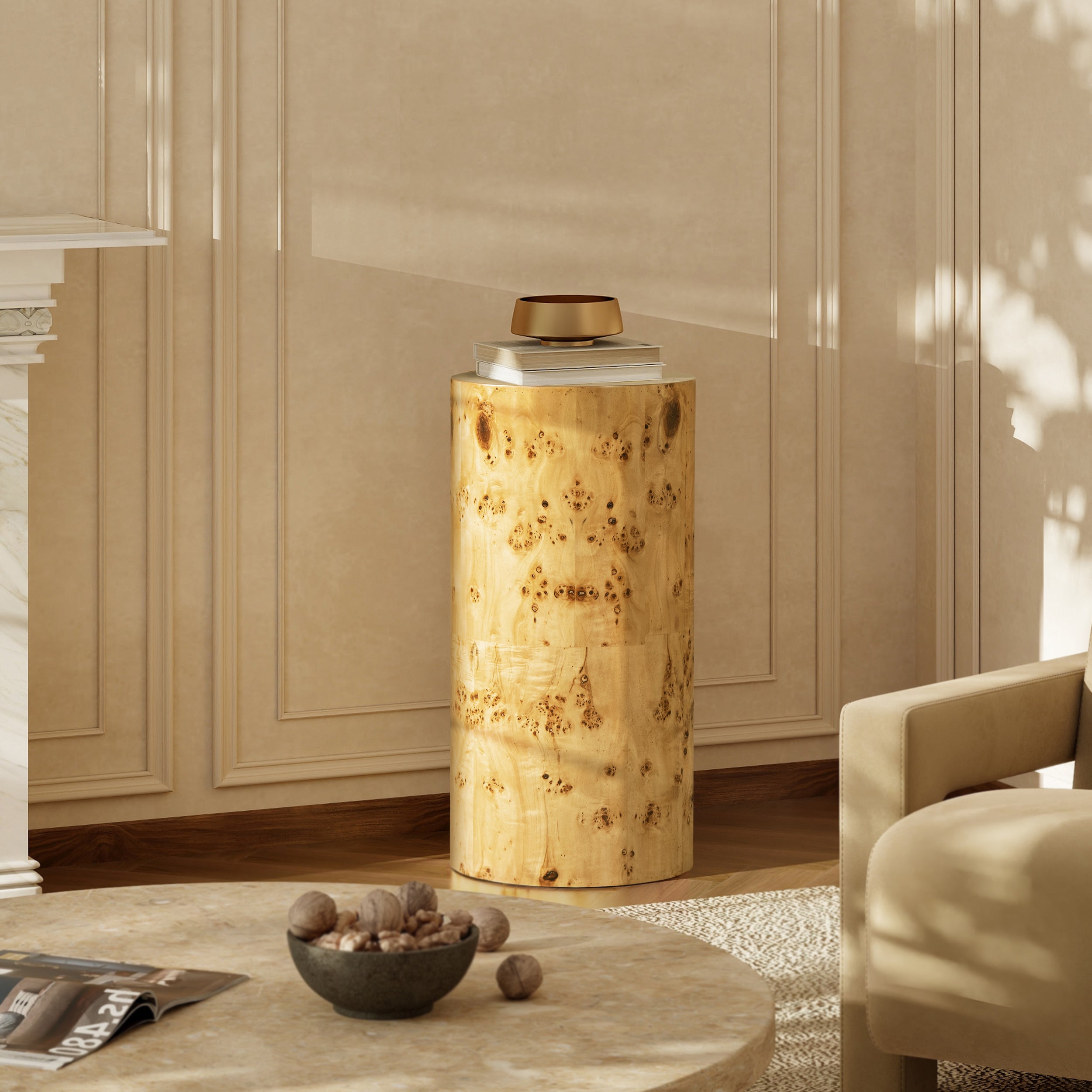 Burl Accent Pillar Side Table | 29.5" Column / Plinth – Unique Burl Wood Veneer, Natural Grain Variations