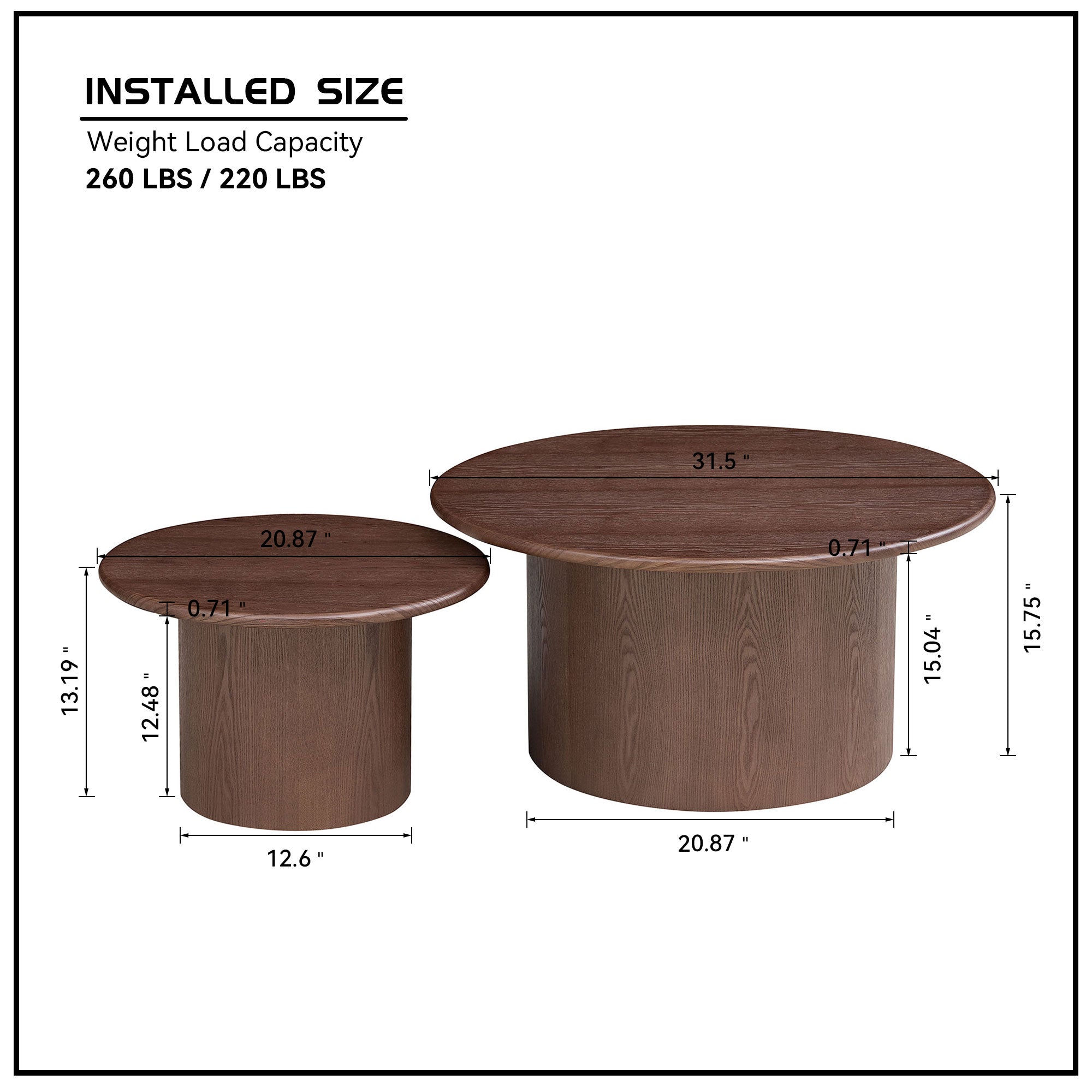 MDF Round Coffee Table Set of 2 | Nesting Tables – Walnut/Black, Mid-Century Modern, Space-Saving for Living Room